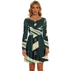 Lighthouse Abstract Ocean Sea Waves Water Blue Long Sleeve Wide Neck Velvet Dress by Wegoenart