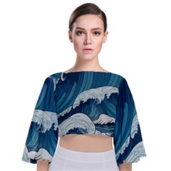 Waves Ocean Sea Pattern Water Tsunami Rough Seas Tie Back Butterfly Sleeve Chiffon Top by Wegoenart