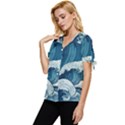 Waves Ocean Sea Pattern Water Tsunami Rough Seas Bow Sleeve Button Up Top View2