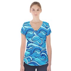 Pattern Ocean Waves Blue Nature Sea Abstract Short Sleeve Front Detail Top by Wegoenart