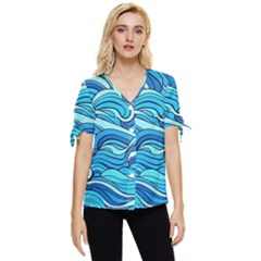 Pattern Ocean Waves Blue Nature Sea Abstract Bow Sleeve Button Up Top by Wegoenart