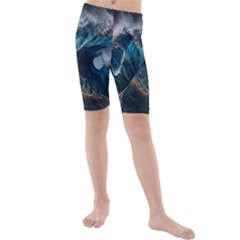 Tsunami Waves Ocean Sea Water Rough Seas Nature Kids  Mid Length Swim Shorts by Wegoenart