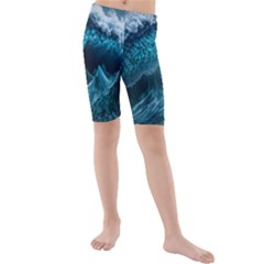 Tsunami Waves Ocean Sea Water Rough Seas Blue Kids  Mid Length Swim Shorts by Wegoenart