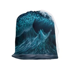 Tsunami Waves Ocean Sea Water Rough Seas Blue Drawstring Pouch (xl) by Wegoenart