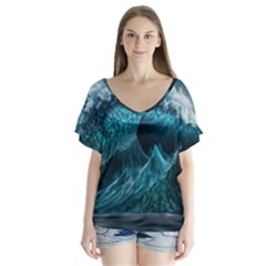 Tsunami Waves Ocean Sea Water Rough Seas Blue V-neck Flutter Sleeve Top by Wegoenart