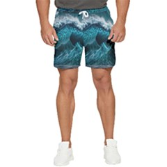 Tsunami Waves Ocean Sea Water Rough Seas Blue Men s Runner Shorts by Wegoenart