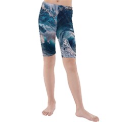 Tsunami Waves Ocean Sea Water Rough Seas Kids  Mid Length Swim Shorts by Wegoenart