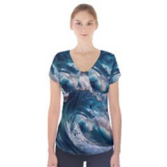 Tsunami Waves Ocean Sea Water Rough Seas Short Sleeve Front Detail Top by Wegoenart