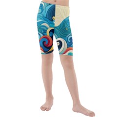 Waves Ocean Sea Abstract Whimsical Abstract Art 5 Kids  Mid Length Swim Shorts by Wegoenart