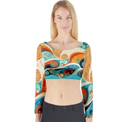 Waves Ocean Sea Abstract Whimsical Abstract Art 4 Long Sleeve Crop Top by Wegoenart
