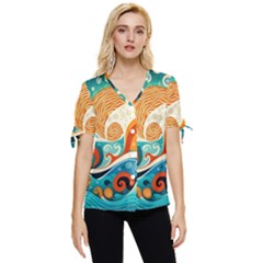 Waves Ocean Sea Abstract Whimsical Abstract Art 4 Bow Sleeve Button Up Top by Wegoenart