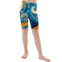 Waves Ocean Sea Abstract Whimsical Abstract Art 3 Kids  Mid Length Swim Shorts by Wegoenart