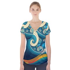 Waves Ocean Sea Abstract Whimsical Abstract Art 3 Short Sleeve Front Detail Top by Wegoenart