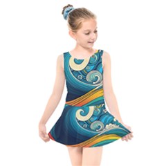 Waves Ocean Sea Abstract Whimsical Abstract Art 3 Kids  Skater Dress Swimsuit by Wegoenart