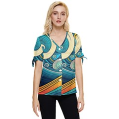 Waves Ocean Sea Abstract Whimsical Abstract Art 3 Bow Sleeve Button Up Top by Wegoenart
