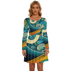 Waves Ocean Sea Abstract Whimsical Abstract Art 3 Long Sleeve Wide Neck Velvet Dress by Wegoenart