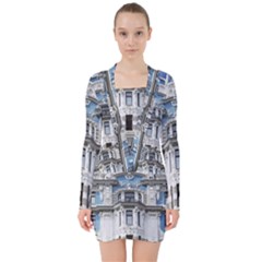 Squad Latvia Architecture V-neck Bodycon Long Sleeve Dress by Celenk