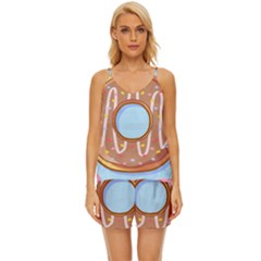 Dessert Food Donut Sweet Decor Chocolate Bread V-neck Satin Pajamas Set by Uceng