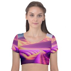 Fantasy Art Wallpaper Artwork Desktop Velvet Short Sleeve Crop Top  by Uceng