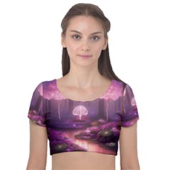 Trees Forest Landscape Nature Neon Velvet Short Sleeve Crop Top  by Uceng