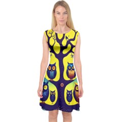 Owl Animal Cartoon Drawing Tree Nature Landscape Capsleeve Midi Dress by Uceng