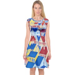 City Houses Cute Drawing Landscape Village Capsleeve Midi Dress by Uceng