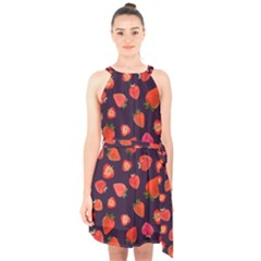 Strawberry On Black Halter Collar Waist Tie Chiffon Dress by SychEva