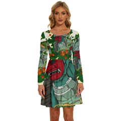 Armor Japan Maple Leaves Samurai Mask Cut Long Sleeve Wide Neck Velvet Dress by Wegoenart