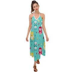 Owls Owl Bird Cute Animal Art Vector  Pattern Colorful Halter Tie Back Dress  by Salman4z