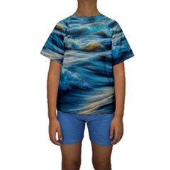 Waves Wave Water Blue Sea Ocean Abstract Kids  Short Sleeve Swimwear by Salman4z