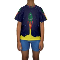 Rocket Halftone Astrology Astronaut Kids  Short Sleeve Swimwear by Salman4z