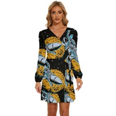 Astronaut Planet Space Science Long Sleeve Waist Tie Ruffle Velvet Dress by Salman4z