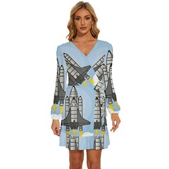 Rocket Shuttle Spaceship Science Long Sleeve Waist Tie Ruffle Velvet Dress by Salman4z