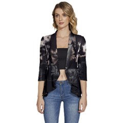 City Night Moon Skyline Skyscraper Women s 3/4 Sleeve Ruffle Edge Open Front Jacket by Salman4z