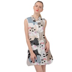 Cute Cat Couple Seamless Pattern Cartoon Sleeveless Shirt Dress by Salman4z