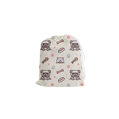 Pug Dog Cat With Bone Fish Bones Paw Prints Ball Seamless Pattern Vector Background Drawstring Pouch (xs) by Salman4z