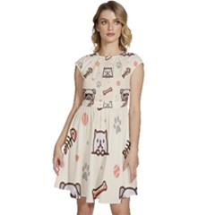 Pug Dog Cat With Bone Fish Bones Paw Prints Ball Seamless Pattern Vector Background Cap Sleeve High Waist Dress by Salman4z