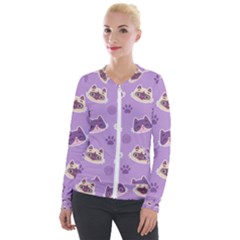 Cute Colorful Cat Kitten With Paw Yarn Ball Seamless Pattern Velvet Zip Up Jacket by Salman4z