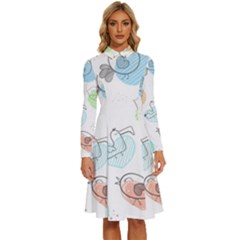 Cartoon Bird Cute Doodle Bird Long Sleeve Shirt Collar A-line Dress by Salman4z