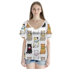Cat Kitten Seamless Pattern V-neck Flutter Sleeve Top by Salman4z