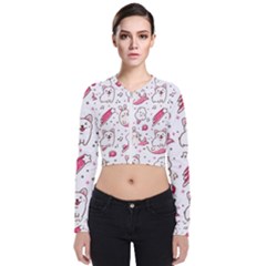 Cute Animal Seamless Pattern Kawaii Doodle Style Long Sleeve Zip Up Bomber Jacket by Salman4z