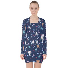 Cute-astronaut-cat-with-star-galaxy-elements-seamless-pattern V-neck Bodycon Long Sleeve Dress by Salman4z