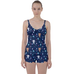 Cute-astronaut-cat-with-star-galaxy-elements-seamless-pattern Tie Front Two Piece Tankini by Salman4z