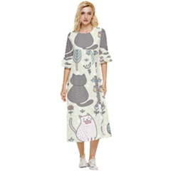 Funny Cartoon Cats Seamless Pattern Double Cuff Midi Dress by Salman4z