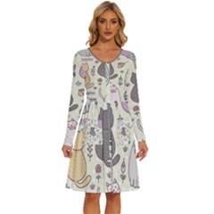 Funny Cartoon Cats Seamless Pattern Long Sleeve Dress With Pocket by Salman4z