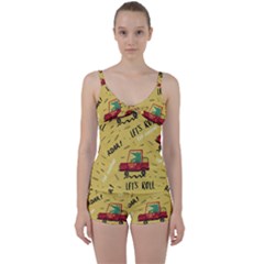 Childish-seamless-pattern-with-dino-driver Tie Front Two Piece Tankini by Salman4z