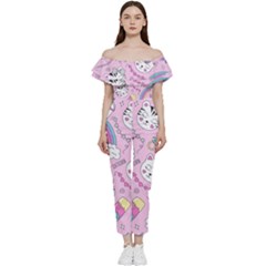 Beautiful-cute-animals-pattern-pink Off Shoulder Ruffle Top Jumpsuit by Salman4z