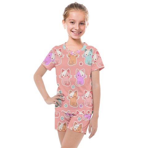 Cute-kawaii-kittens-seamless-pattern Kids  Mesh Tee And Shorts Set by Salman4z