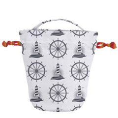Marine Nautical Seamless Pattern With Vintage Lighthouse Wheel Drawstring Bucket Bag by Salman4z