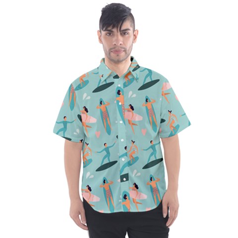 Beach-surfing-surfers-with-surfboards-surfer-rides-wave-summer-outdoors-surfboards-seamless-pattern- Men s Short Sleeve Shirt by Salman4z
